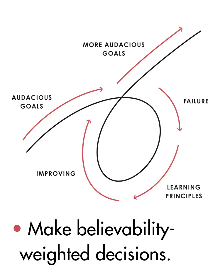 An upward loop connects audacious goals, failure, learning principles, improving and more audacious goals. Below it is the separate principle: Make believability-weighted decisions.